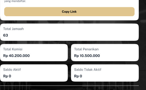 Tampilan halaman Pesyiar Berumrah dengan ringkasan total jamaah, komisi, dan saldo.
