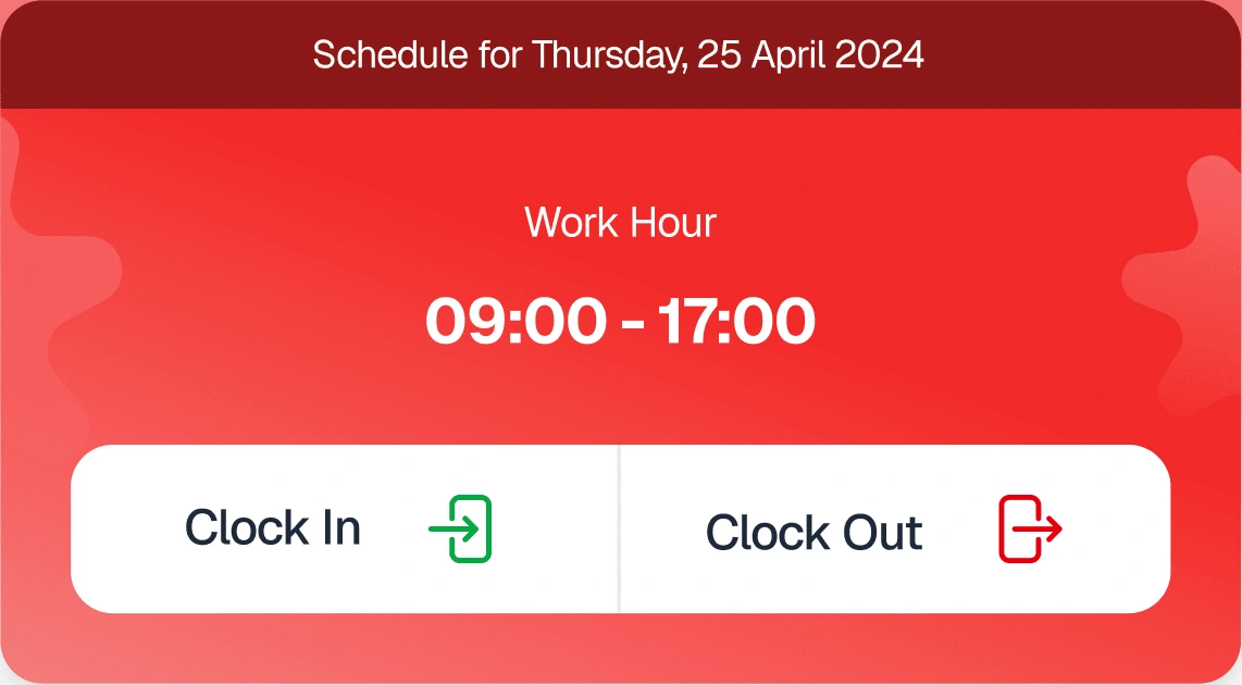 Detail jadwal kerja serta tombol Clock In dan Clock Out dari workspace Talentaku original.