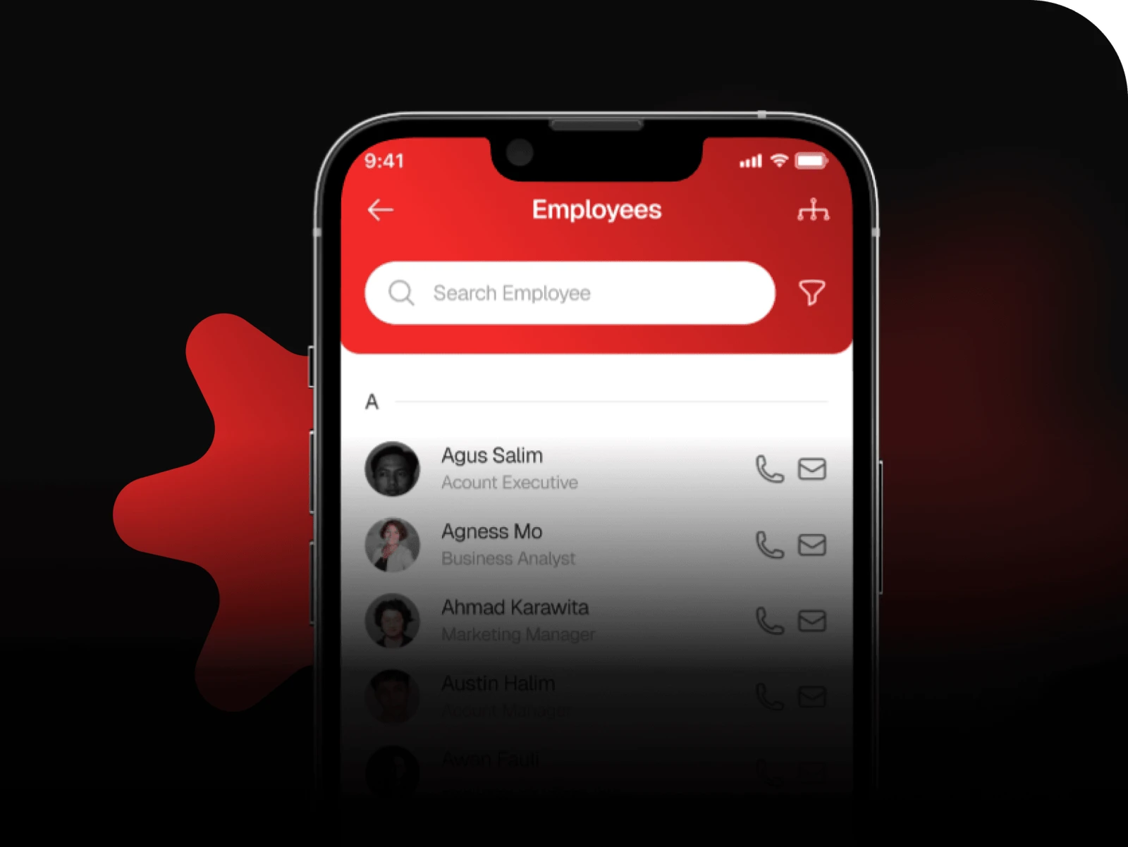 Visual produk original Talentaku yang menampilkan direktori karyawan pada layar mobile.