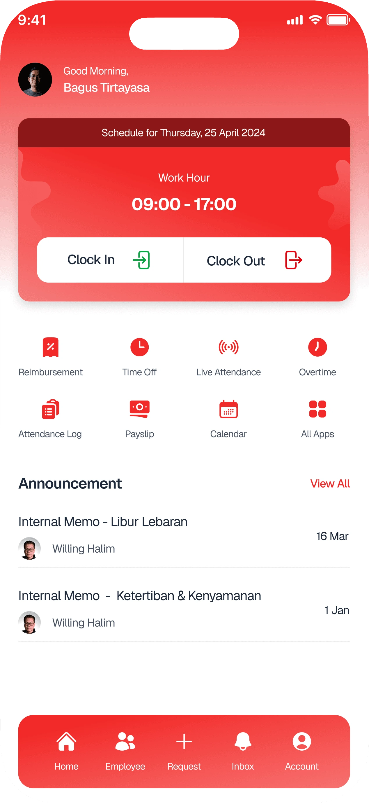 Workspace mobile Talentaku HRIS dengan jadwal kerja, clock in, clock out, menu karyawan, dan pengumuman.