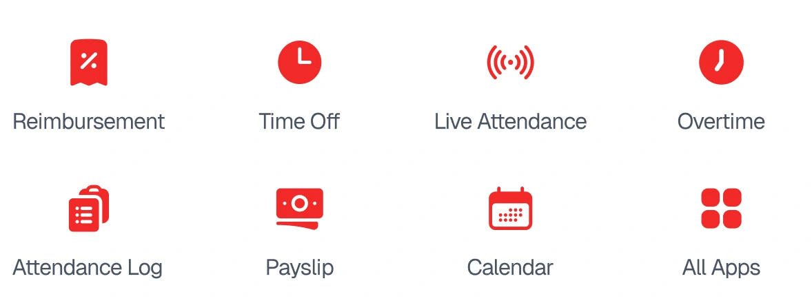 Menu workspace Talentaku original, termasuk Time Off, Attendance Log, Payslip, dan Calendar.
