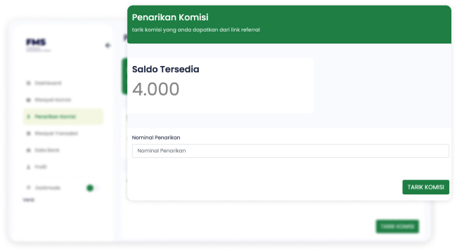 Penarikan komisi FMS dengan saldo tersedia dan formulir nominal penarikan.