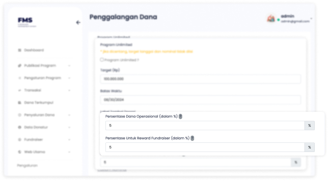 Pengaturan program FMS: target, batas waktu, dana operasional, dan reward fundraiser.